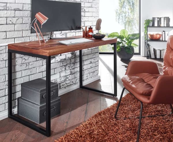 Rootz työpöytä sheesham massiivipuuta - metallia 117x59x76,5 cm tietokonepöytä - Designtoimistopöytä pieni tumma - Kannettavan pöytätyöpöytä
