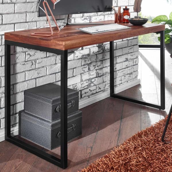 Rootz työpöytä sheesham massiivipuuta - metallia 117x59x76,5 cm tietokonepöytä - Designtoimistopöytä pieni tumma - Kannettavan pöytätyöpöytä