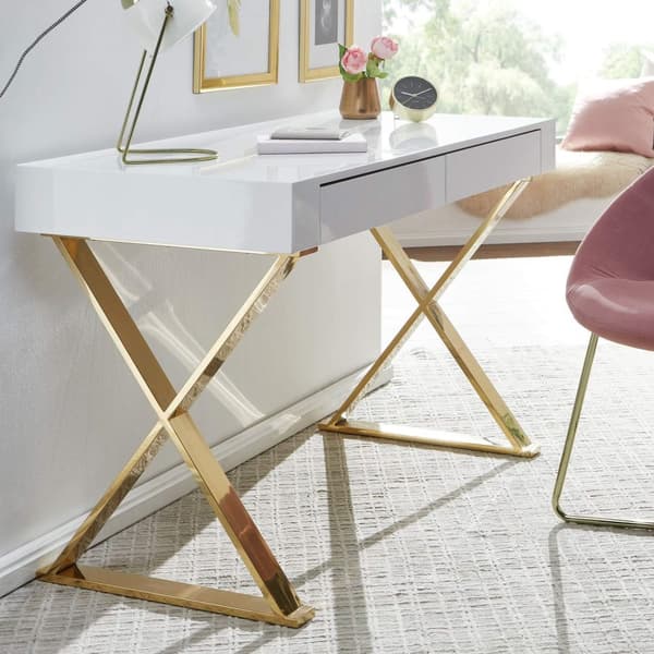 Rootz skrivebord 118x76x57 cm træ højglans hvid metal ben gyldne - Design computer skrivebord PC skrivebord moderne kontor skrivebord - Konsol bordsku