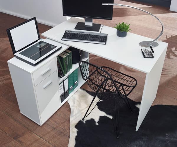 Rootz design -kulmapöytä hyllyllä valkoinen 120 x 75,5 x 106,5 cm - Moderni toimistopöytä Tietokonepöytätyöpöytä - Kulmapöytä kotitoimisto