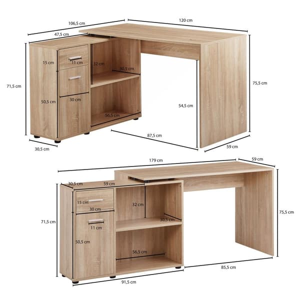 Rootz design -kulmapöytä hyllyllä Sonoma 120 x 75,5 x 106,5 cm - Moderni toimistopöytä Tietokonepöytätyöpöytä - Kulmapöytä kotitoimisto