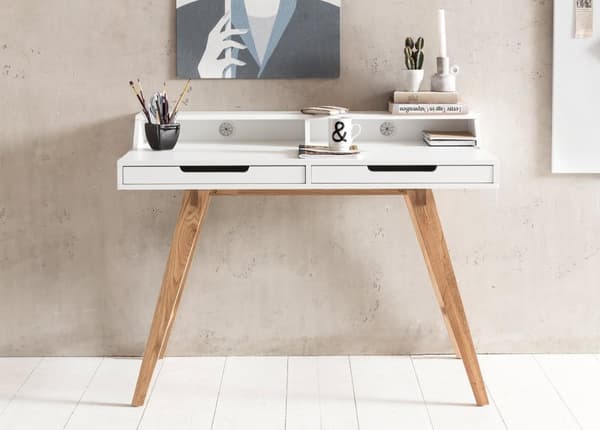 Rootz 110 x 85 x 60 cm MDF-puusta skandinaavisen valkoinen matta työpöytä - Design-kannettava tietokonepöytä kaapeliaukolla - Toimistopöytä tammijaloi