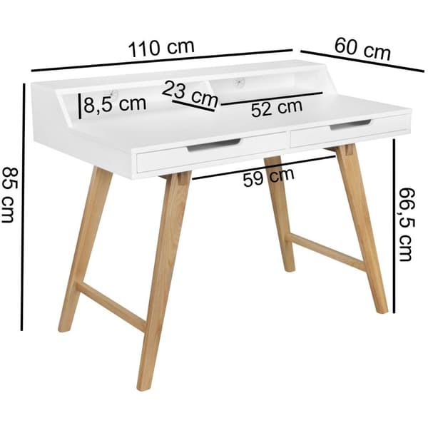 Rootz 110 x 85 x 60 cm MDF-puusta skandinaavisen valkoinen matta työpöytä - Design-kannettava tietokonepöytä kaapeliaukolla - Toimistopöytä tammijaloi