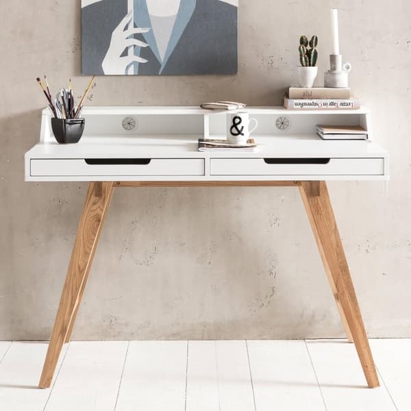 Rootz 110 x 85 x 60 cm MDF-puusta skandinaavisen valkoinen matta työpöytä - Design-kannettava tietokonepöytä kaapeliaukolla - Toimistopöytä tammijaloi