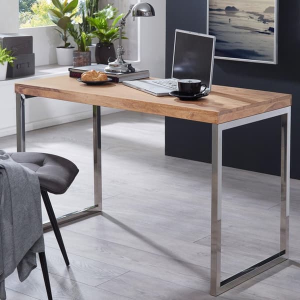 Rootz työpöytä Massiivipuuta Acacia tietokonepöytä 120 x 60 cm kannettava tietokonepöytä Mökin konsolipöytä metallijaloilla