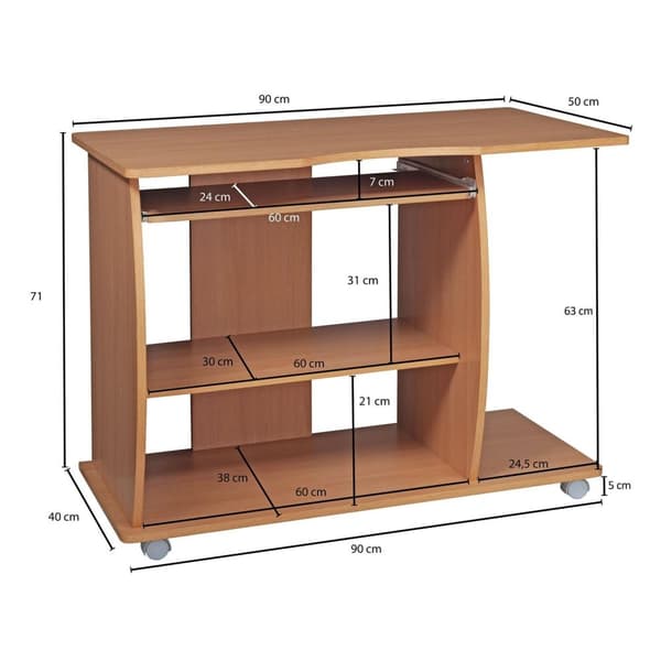 Rootz Computer rullebar bøg 90 x 71 x 50 cm med tastatur - Laptop bord på aflåselige hjul - PC bord med printer lagerpladsbesparende - Skrivebord til