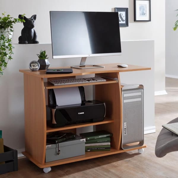 Rootz Computer rullebar bøg 90 x 71 x 50 cm med tastatur - Laptop bord på aflåselige hjul - PC bord med printer lagerpladsbesparende - Skrivebord til