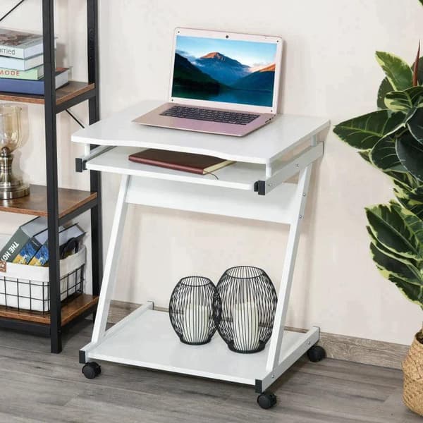 Rootz computerbord - flytbart computerbord med 4 bevægelige hjul - glidende tastaturbakke - Hjem - Kontor - Arbejdsstation - Hvid - 60 x 48 x 73 cm