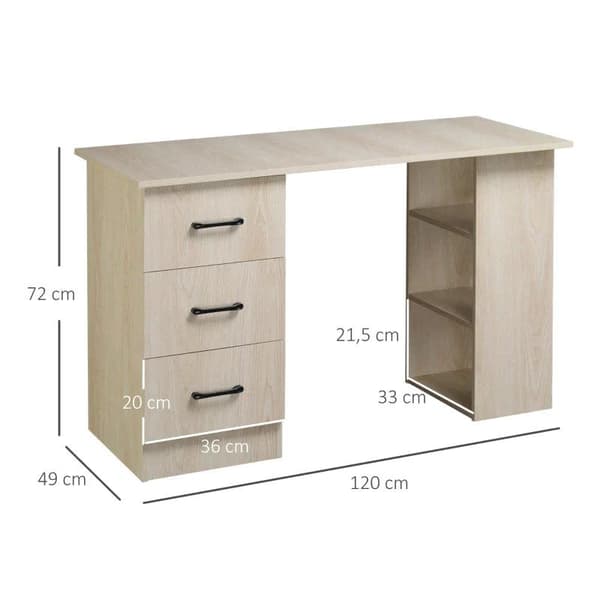 Rootz-tietokonepöytä - Työpöytä - Tietokonepöytä - Toimistopöytä - Työpöytä - Hylly, jossa 3 laatikkoa - Lastulevy - Luonnollinen - 120 x 49 x 72 cm