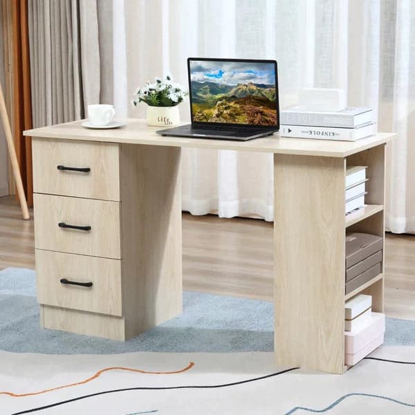 Rootz-tietokonepöytä - Työpöytä - Tietokonepöytä - Toimistopöytä - Työpöytä - Hylly, jossa 3 laatikkoa - Lastulevy - Luonnollinen - 120 x 49 x 72 cm