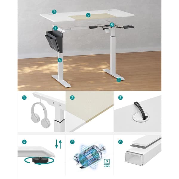Rootz Højdejusterbart skrivebord - Stående skrivebord - Spillebord - Elektrisk skrivebord - Manuelt højdejusterbart skrivebord - Hvid - 60 x 120 x (72