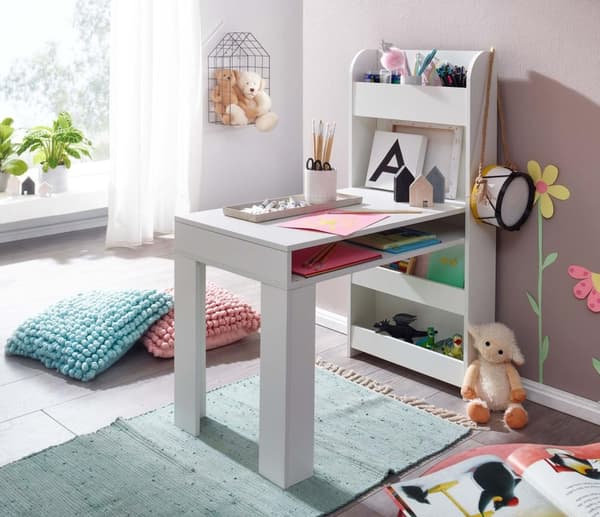 Rootz børnebord hvid 90x50x110 cm malebord børneværelse med hylde - Børnebord moderne - Elevbord med opbevaringsplads - Skolebord smal