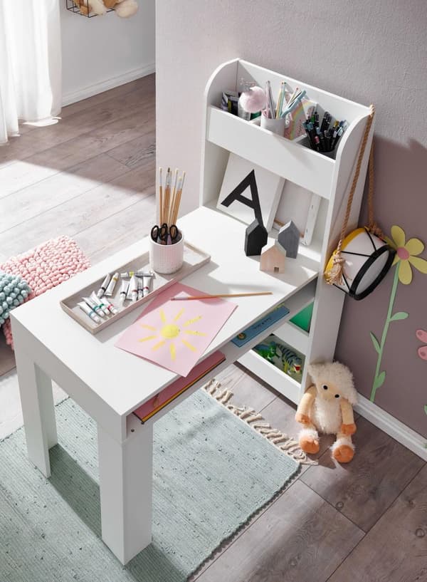 Rootz børnebord hvid 90x50x110 cm malebord børneværelse med hylde - Børnebord moderne - Elevbord med opbevaringsplads - Skolebord smal