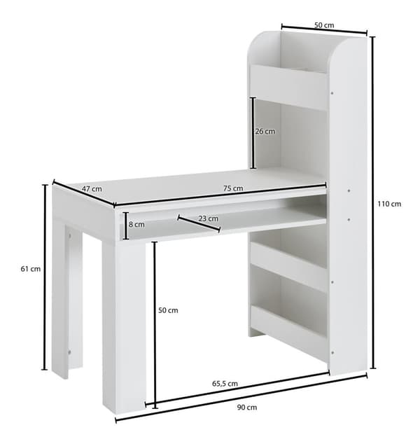 Rootz børnebord hvid 90x50x110 cm malebord børneværelse med hylde - Børnebord moderne - Elevbord med opbevaringsplads - Skolebord smal