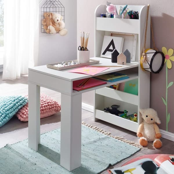 Rootz børnebord hvid 90x50x110 cm malebord børneværelse med hylde - Børnebord moderne - Elevbord med opbevaringsplads - Skolebord smal