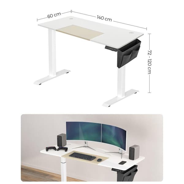 Rootz Højdejusterbart skrivebord - Manuelt højdejusterbart skrivebord - Elektrisk skrivebord - Stående skrivebord - Spillebord - Hvid - 60 x 140 x (72