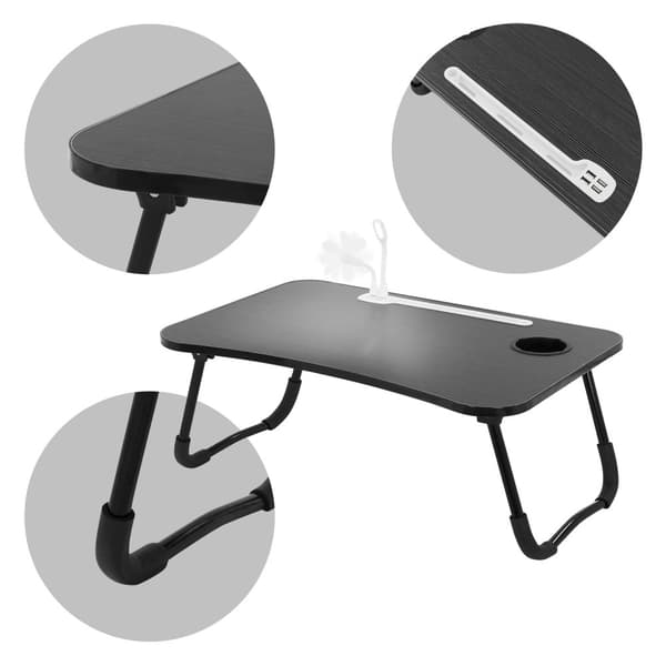 ML-Design Laptoptabel til sengen/sofaen; Sort 60x40 cm; Foldbar sengbord; Notebook-tabel med 4 USB-opladningsporte; Skuffe; USB-lampe; Ventilator;