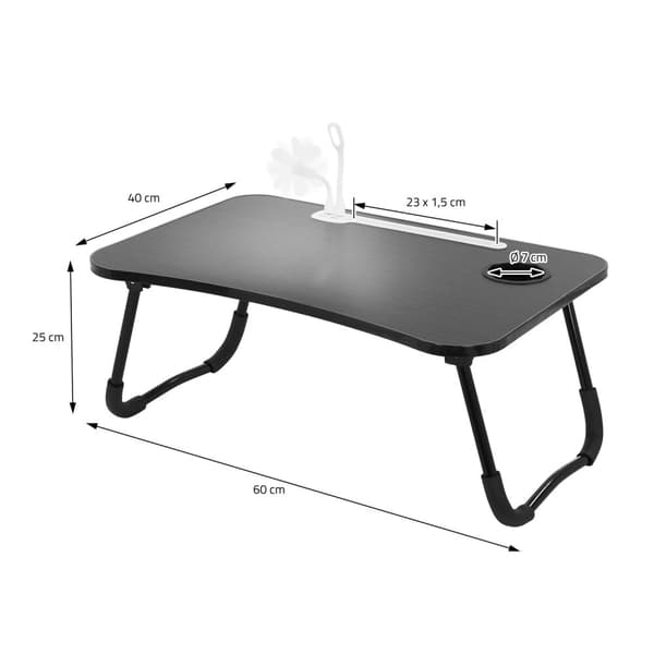 ML-Design Laptoptabel til sengen/sofaen; Sort 60x40 cm; Foldbar sengbord; Notebook-tabel med 4 USB-opladningsporte; Skuffe; USB-lampe; Ventilator;