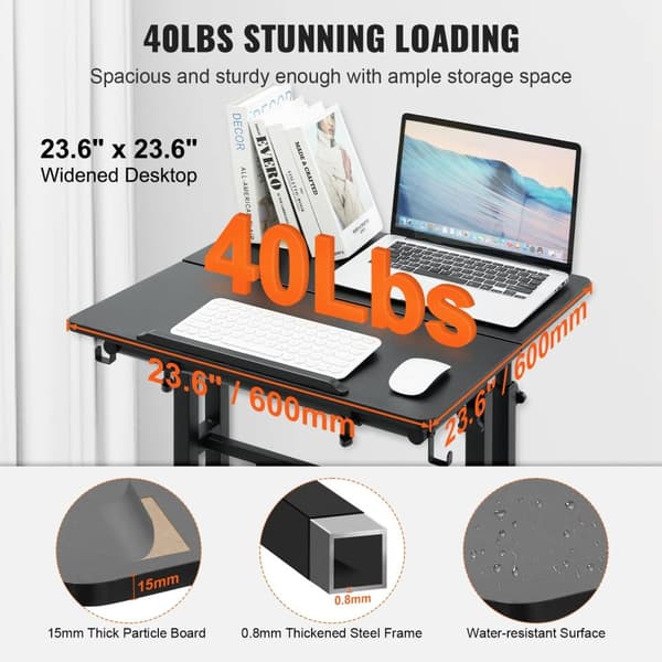 40 lbs lastkapacitet 26,4"-44,9" justerbar höjd sitt-stå skrivbord med 23,6" x 23,6" bordsskiva och 360° svängbara hjul, 0-45° tiltbar design