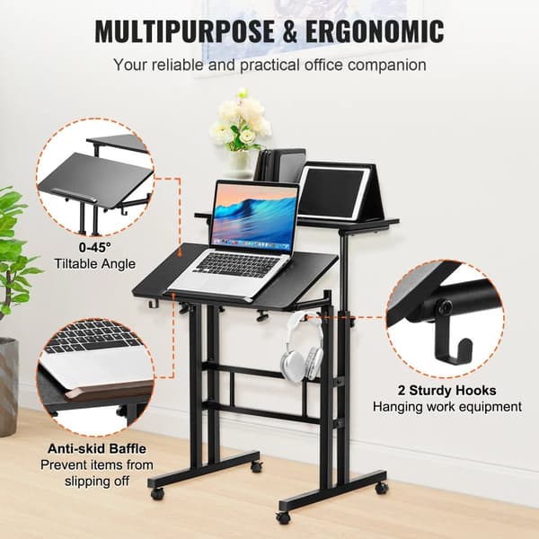 40 lbs lastkapacitet 26,4"-44,9" justerbar höjd sitt-stå skrivbord med 23,6" x 23,6" bordsskiva och 360° svängbara hjul, 0-45° tiltbar design