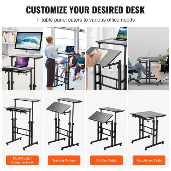 40 lbs lastkapacitet 26,4"-44,9" justerbar höjd sitt-stå skrivbord med 23,6" x 23,6" bordsskiva och 360° svängbara hjul, 0-45° tiltbar design