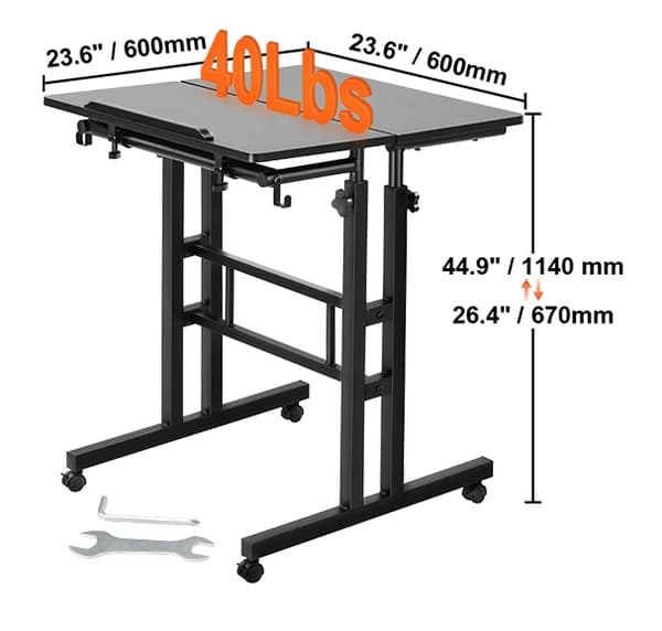 40 lbs lastkapacitet 26,4"-44,9" justerbar höjd sitt-stå skrivbord med 23,6" x 23,6" bordsskiva och 360° svängbara hjul, 0-45° tiltbar design