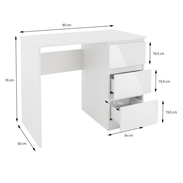 Työpöytä kolmella laatikolla 90x76x50 cm valkoinen pressulevystä ML-muotoilu