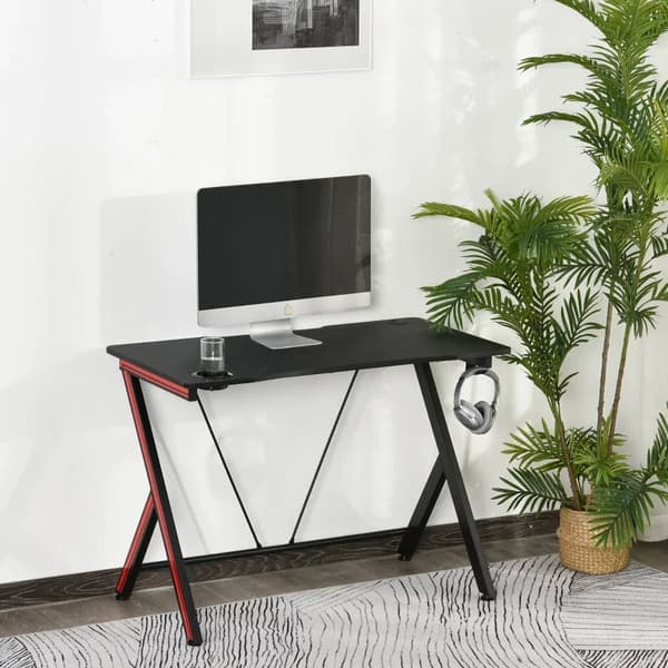 Rootz Gaming Table - Desk with Headphone Hook - Drink Holder - Computer Desk - Steel + MDF - Black - 105 x 55 x 75 cm