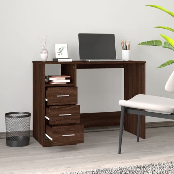 skrivebord m. skuffer 102x50x76 cm konstrueret træ brun egetræ