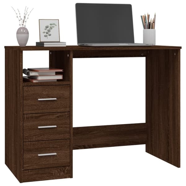 skrivebord m. skuffer 102x50x76 cm konstrueret træ brun egetræ