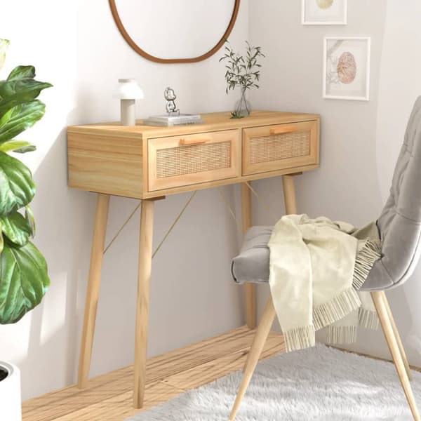 Konsolipöytä ruskea 80x30x75 cm täysi mänty ja rottinki