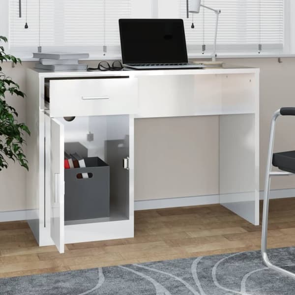 skrivebord m. skab 100x40x73 cm konstrueret træ hvid højglans