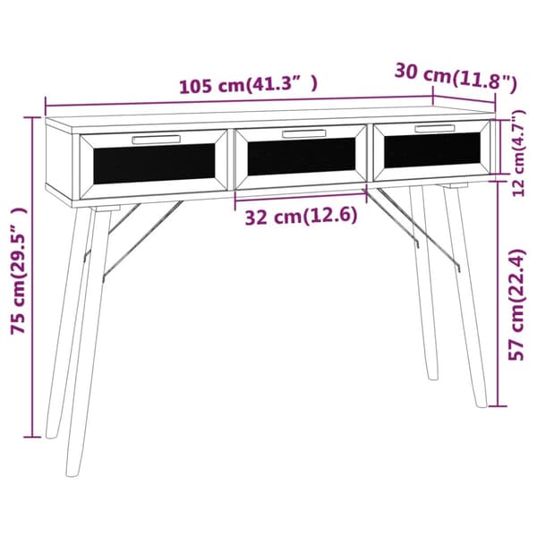 Konsolipöytä musta 105x30x75 cm täysi mänty ja rottinki