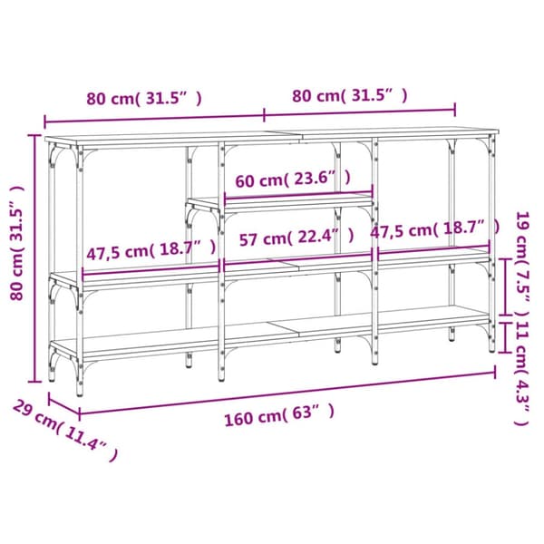 konsolbord 160x28x80 cm konstrueret træ brun egetræsfarve