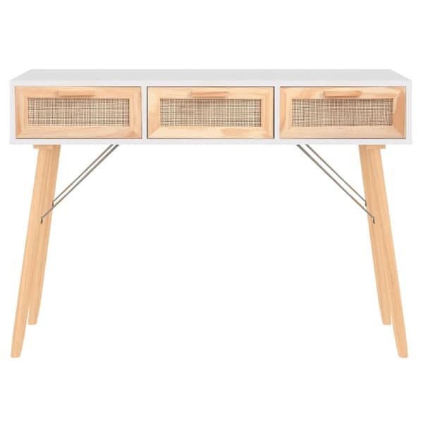 konsolbord 105x30x75 cm massivt fyrretræ naturlig rattan hvid