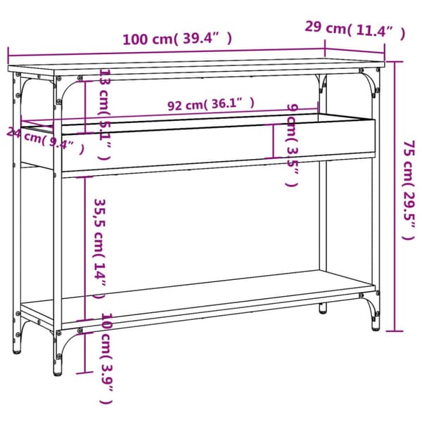konsolbord med hylde 100x29x75 cm konstrueret træ sort