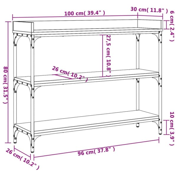 konsolbord med hylder 100x30x80 cm brun egetræsfarve