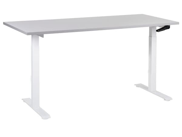 Manuelt justerbart skrivebord med grå bordplate og hvit stålramme 160 x 72 cm Sitt- og ståfunksjon Kvadratiske føtter Moderne design Kontor