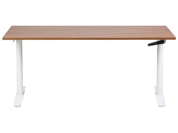 Manuelt justerbart skrivebord Mørk trebordplate Hvit stålramme 160 x 72 cm Sitt og stå med runde føtter Moderne design Kontor