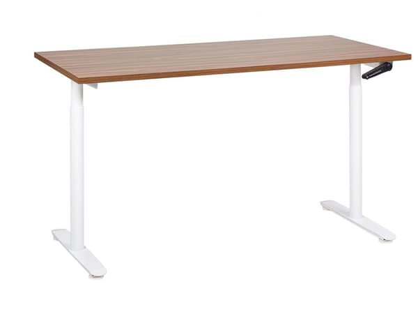 Manuelt justerbart skrivebord Mørk trebordplate Hvit stålramme 160 x 72 cm Sitt og stå med runde føtter Moderne design Kontor