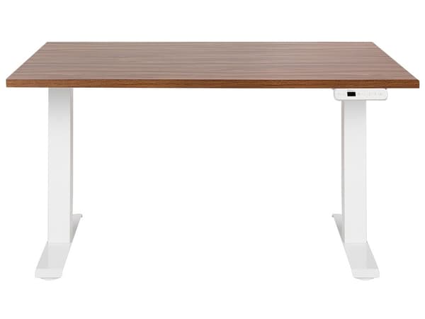 Elektrisk justerbart skrivebord Mørk trebordplate Hvit stålramme 120 x 72 cm Sitt- og ståbord Kvadratiske føtter Moderne design