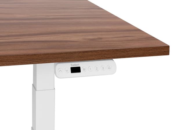 Elektrisk justerbart skrivebord Mørk trebordplate Hvit stålramme 120 x 72 cm Sitt- og ståbord Kvadratiske føtter Moderne design
