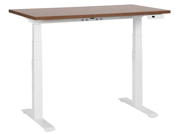 Elektrisk justerbart skrivebord Mørk trebordplate Hvit stålramme 120 x 72 cm Sitt- og ståbord Kvadratiske føtter Moderne design