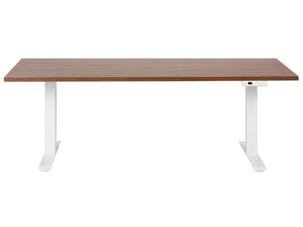 Elektrisk justerbart skrivebord Mørk trebordplate Hvit stålramme 180 x 80 cm Sitt- og ståbord Kvadratiske føtter Moderne design