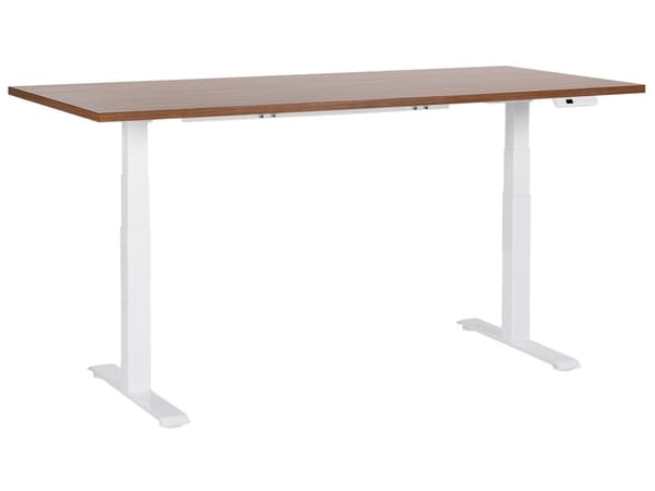 Elektrisk justerbart skrivebord Mørk trebordplate Hvit stålramme 180 x 80 cm Sitt- og ståbord Kvadratiske føtter Moderne design
