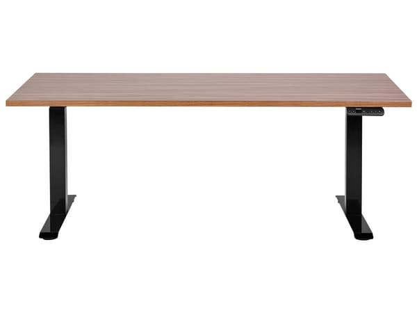 Elektrisk justerbart skrivebord Mørk trebordplate Svart stålramme 160 x 72 cm Sitt- og ståbord Kvadratiske føtter Moderne design