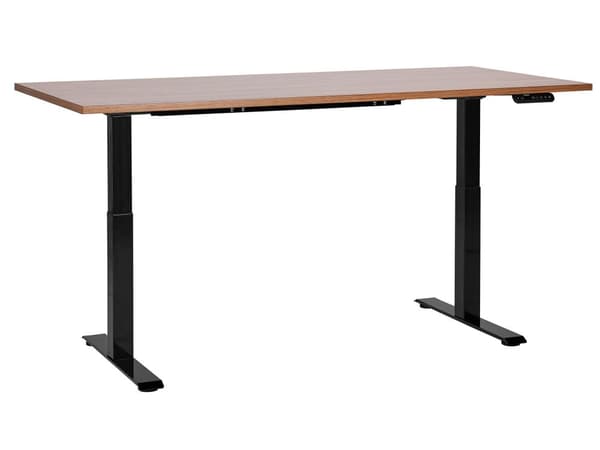 Elektrisk justerbart skrivebord Mørk trebordplate Svart stålramme 160 x 72 cm Sitt- og ståbord Kvadratiske føtter Moderne design