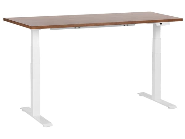 Elektriskt justerbart skrivbord Mörk träskiva Vit stålram 160 x 72 cm Sitt och stå Fyrkantiga fötter Modern design