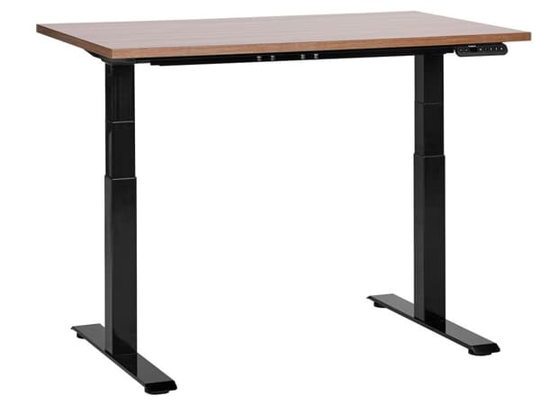 Työpöytä tumma puu/musta 120 x 72 cm lastulevy teräs runko sähkösäädettävä taso muistitoiminto moderni tyyli