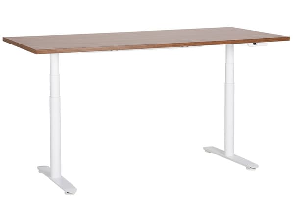 Elektrisk justerbart skrivebord Mørk tre bordplate Hvit stålramme 180 x 80 cm Sitte- og ståbord Runde føtter Moderne design